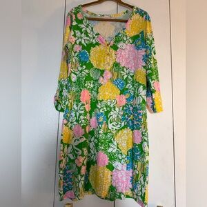 Lilly Pulitzer Green Floral Midi Dress with Pink, Yellow & Blue Accents